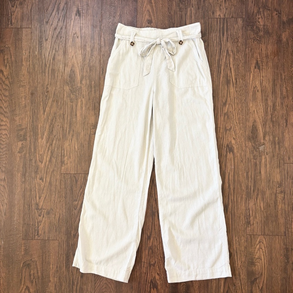 Beau Dawson Linen Cream High Rise Straight Leg Belted Pants Womens Size Small